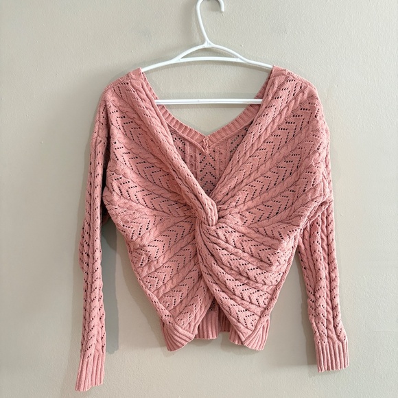 moon & madison Twist Back V-Neck Textured Knit Pink Sweater - Picture 10 of 14